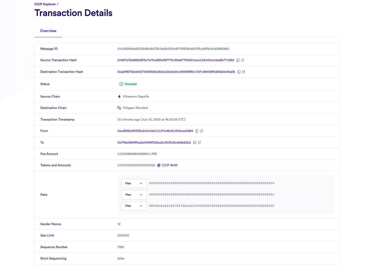 Chainlink CCIP Explorer transaction details success