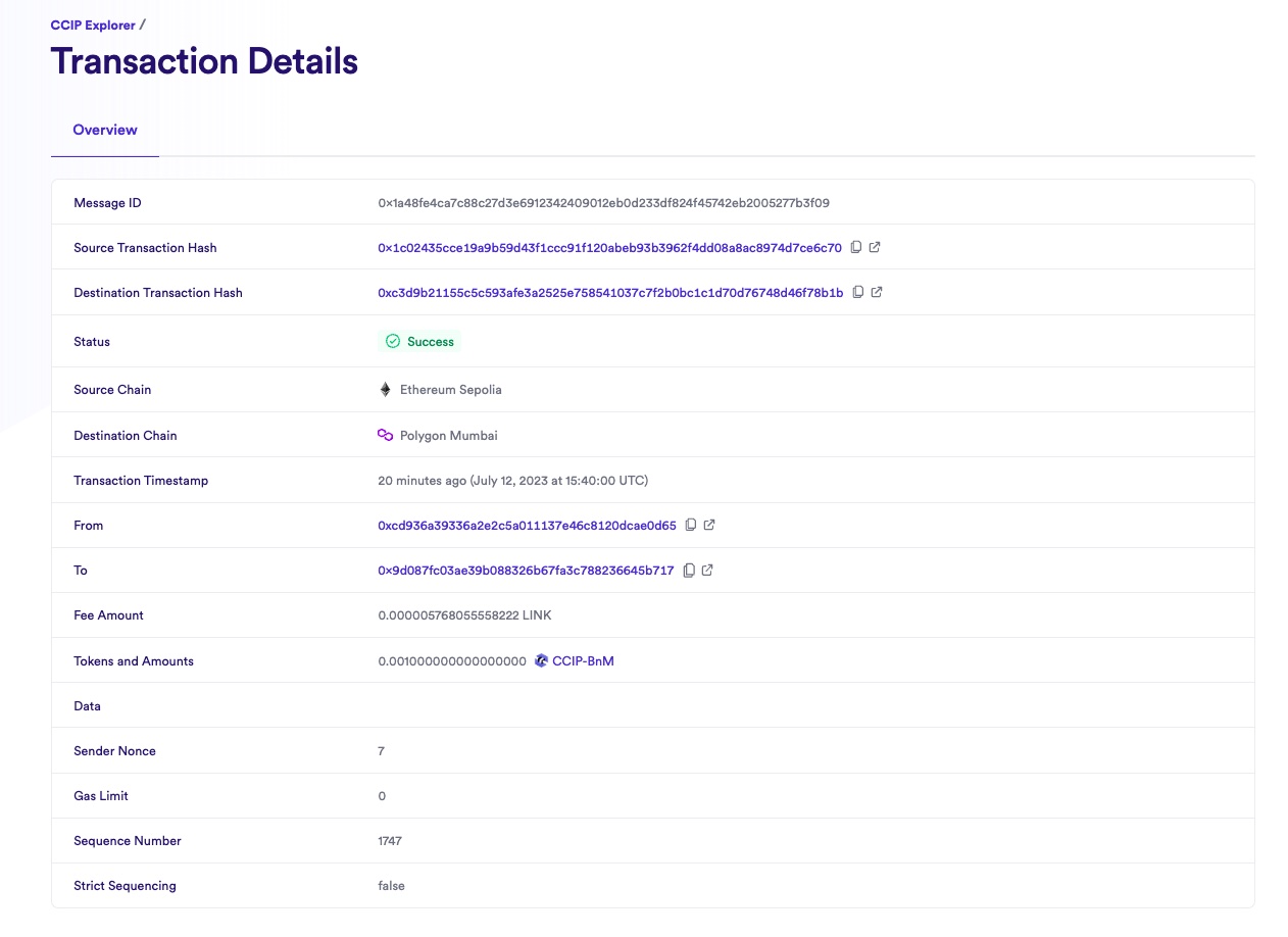 Chainlink CCIP Explorer transaction details success